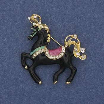 Brooch Horse Black Enamel with White Crystals Gold-Tone Metal 39x40mm+