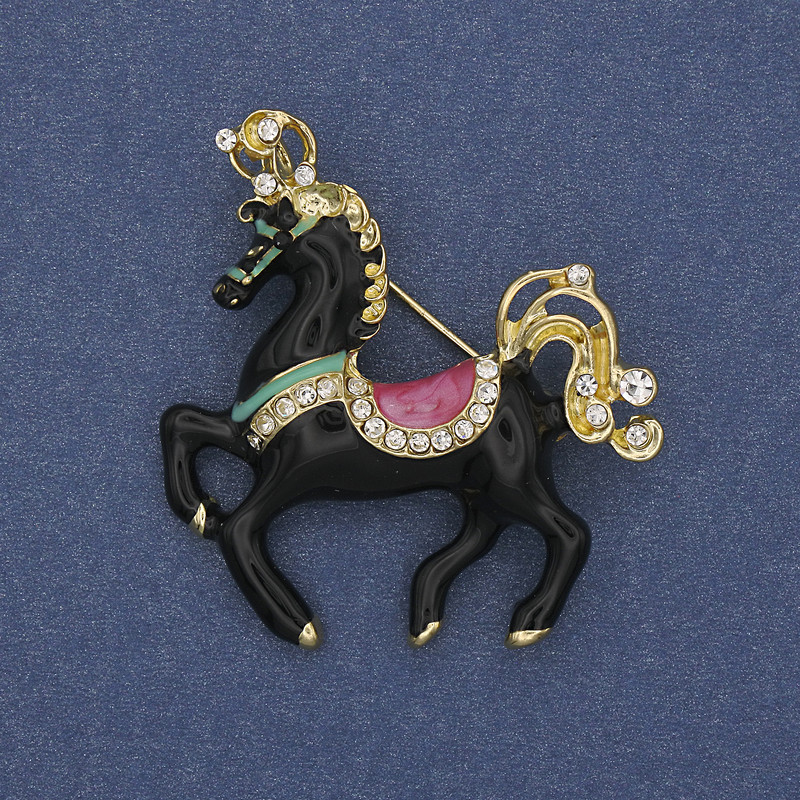 Brooch Horse Black Enamel with White Crystals Gold-Tone Metal 39x40mm+