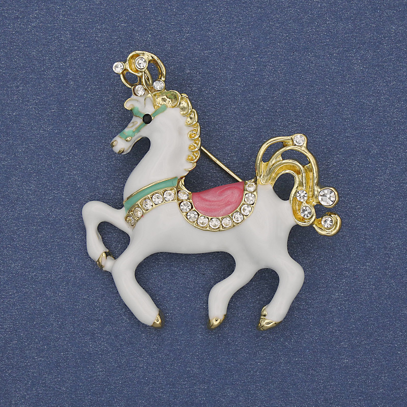 Brooch Pendant Horse White Enamel with White Crystals Gold-Tone Metal 39x40mm+
