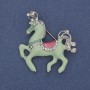 Brooch pendant Horse with lettuce enamel and white crystals, silver metal 39x40mm+