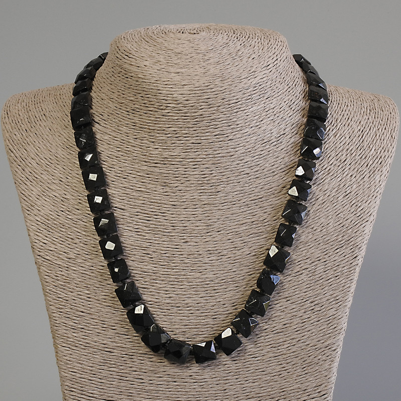 Necklace Black Tourmaline Faceted Square, 10.5-11mm, diameter 10.5-11mm, length 50cm, with clasp