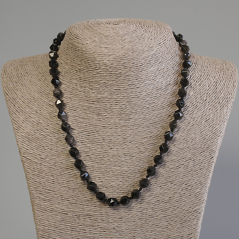 Necklace Silver Obsidian Multistranched Beads, 8x7 mm, length 50 cm ± with clasp