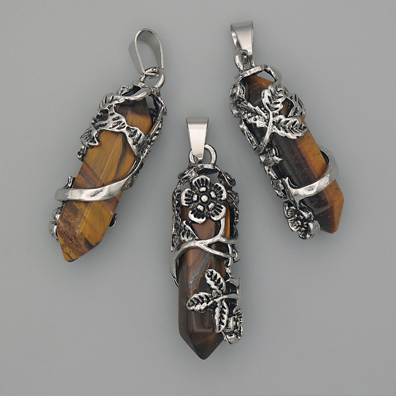 Tiger's Eye pendant hexagon with flower 35x15mm +/- , length 44mm +/-