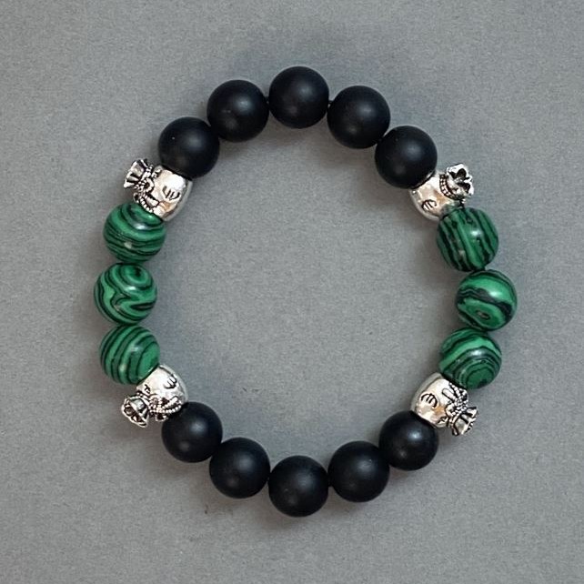 Bracelet Malachite and Shungite smooth bead, diameter 10mm± with meteoric inserts, length 18mm± stretch