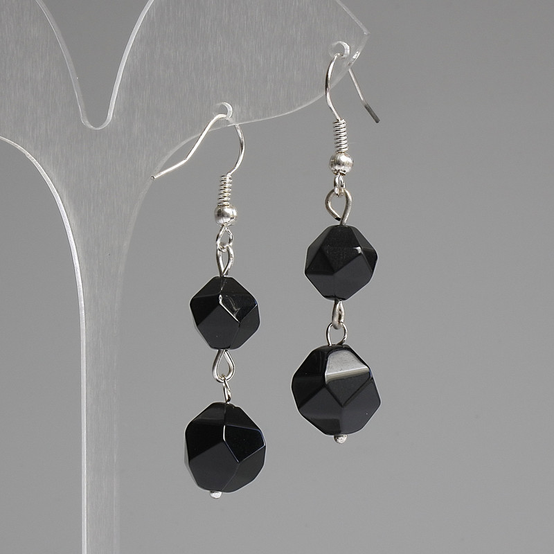Earrings Black Onyx Multifaceted 10mm+ 12mm+ length 50mm+
