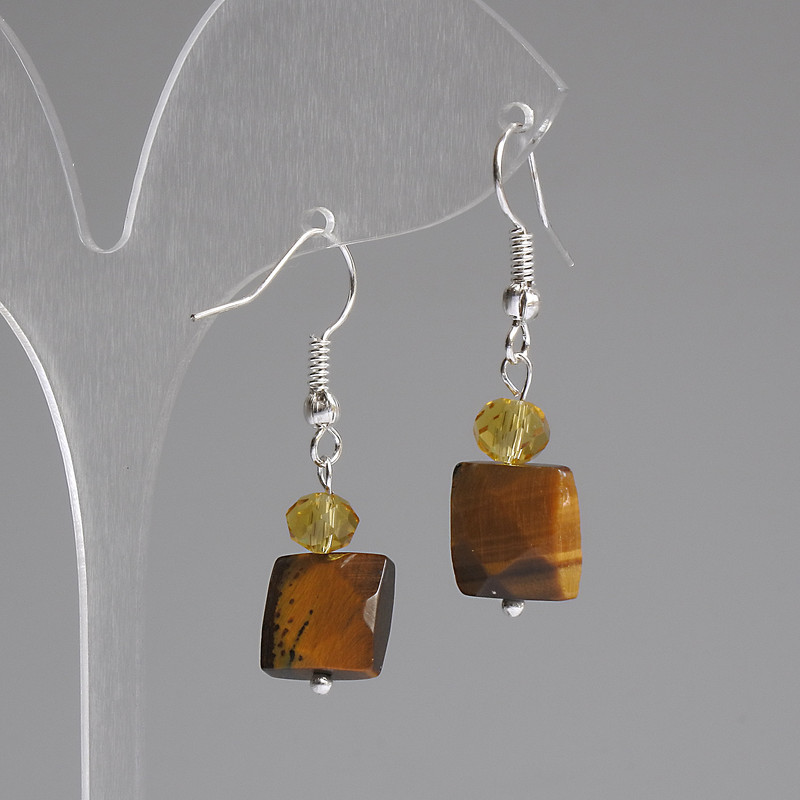 Earrings Tiger Eye Faceted Square 10x10mm +- Czech Glass Rondelle 6x5mm +-, length 37mm +