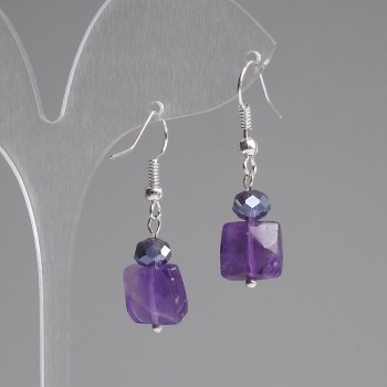 Amethyst Faceted Square 10x10mm Earrings + Czech Crystal Rondelle 6x5mm+, length 37mm +