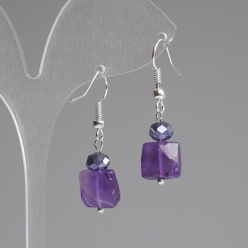Amethyst Faceted Square 10x10mm Earrings + Czech Crystal Rondelle 6x5mm+, length 37mm +
