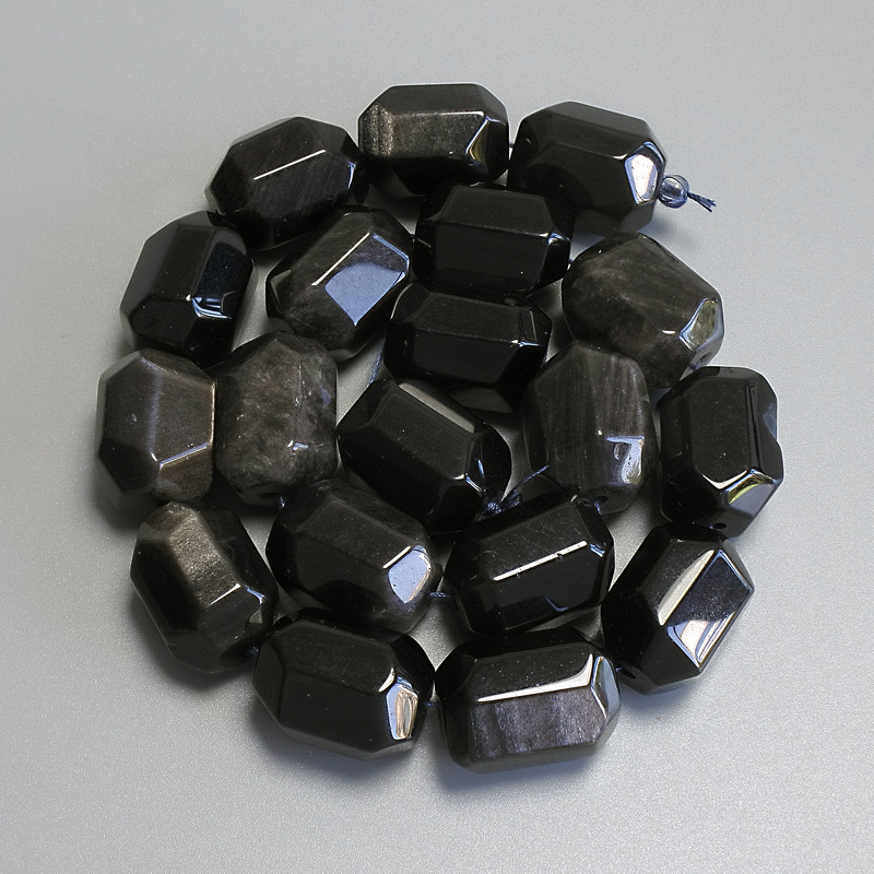 Beads Silver Obsidian Multifaceted 20x14 mm ± on thread, length 38 cm+