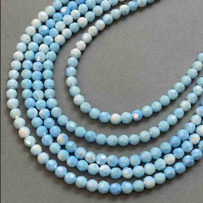 Beads Czech Crystal Blue multicolor with fuel spray on thread faceted ball diameter 6mm ±, length 38cm ±