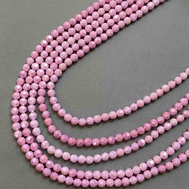 Beads Pink Czech Glass Crystal with gasoline finish on thread faceted ball, diameter 6mm + -, length 38cm +