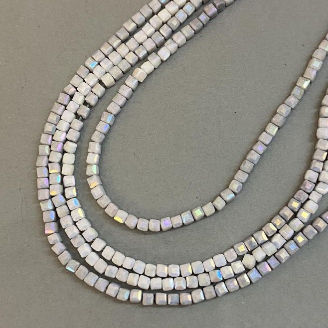 Beads Czech Crystal Gray with Petrol Finish on Thread, Faceted Cube, 4x4mm, 38cm length