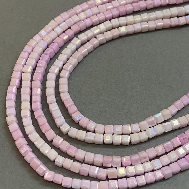 Beads Czech Crystal pink multicolor with gasoline spray on thread faceted cube, diameter 4x4mm +-, length 38cm +