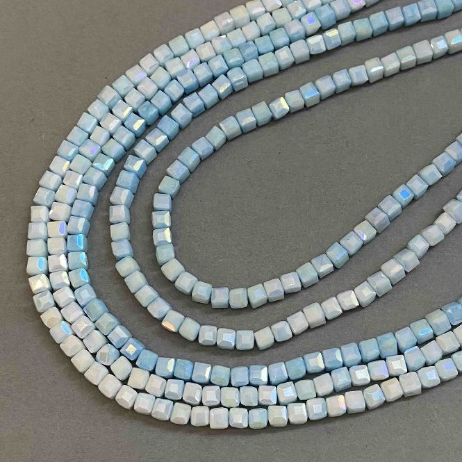 Beads Czech Glass Crystal Blue Multicolor with Benzin Coating on Thread Grenade Cube, 4x4mm, Length 38cm