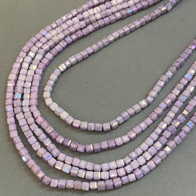 Beads Czech Crystal purple with gasoline finish on thread, faceted cube, diameter 4x4mm +-, length 38cm +