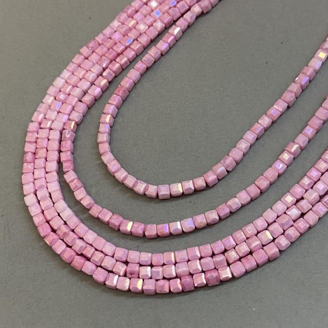 Beads Czech Crystal Pink with Burnished Benzin on Thread Granulated Cube, 4x4 mm, length 38 cm