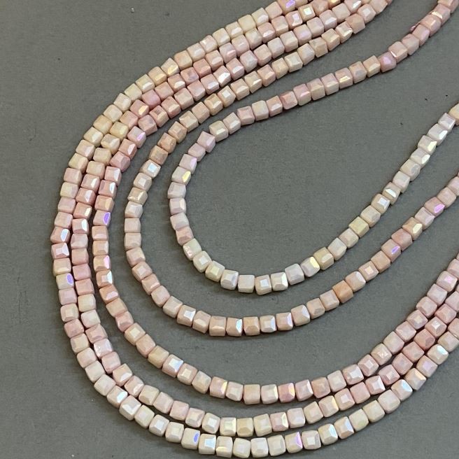 Czech Crystal Faceted Beads Pink with Burnished 'Gasoline' finish on thread, 4x4mm cube, diameter 4x4mm, length 38cm