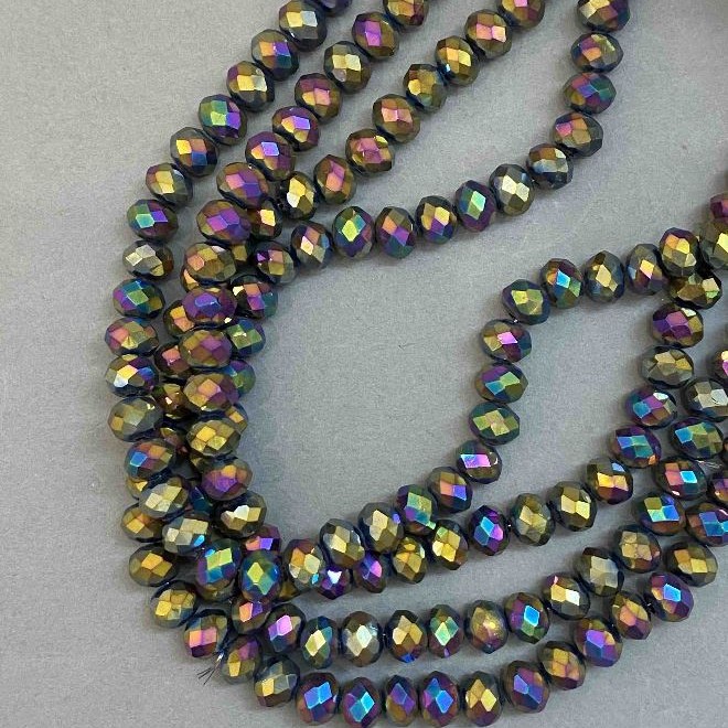 Beads Czech Crystal on thread multicolor with gasoline coating faceted rondelle, diameter 8x6mm + -, length 39cm +