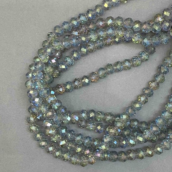 Gray Faceted Beads Czech Crystal on a Thread, gray transparent with gasoline coating, faceted rondelle, diameter 8x6mm +-, length 38cm +-
