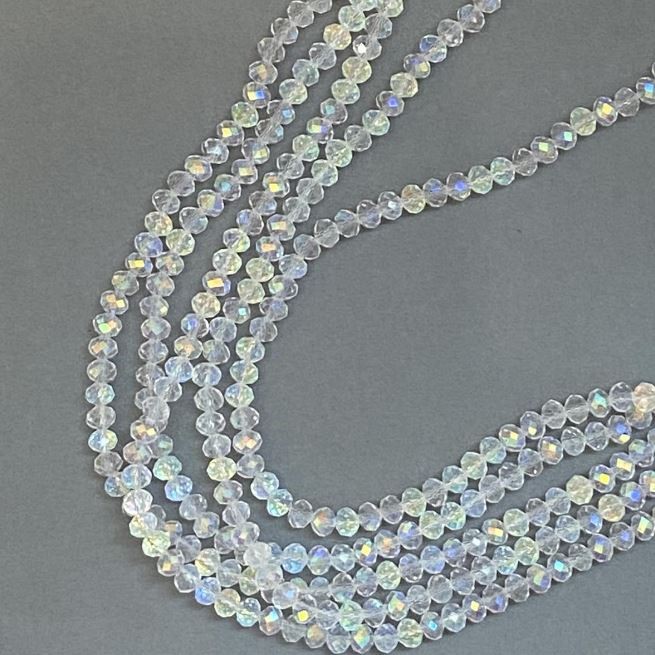 White Czech Crystal beads on a string, white transparent with iridescent oil-sheen coating faceted rondelle, diameter 6x5 mm +/-, length 39 cm +-