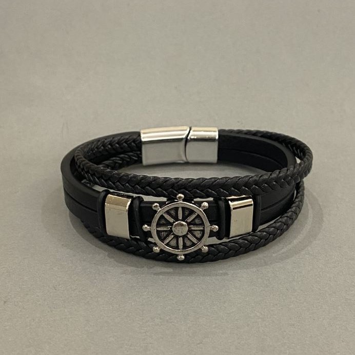 Men's bracelet made of black eco-leather with metal insets, 12 mm thick, length 22 cm, with silver metal on the clasp