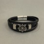 Men's bracelet made of black eco-leather with metal insets, 12 mm thick, length 22 cm, with silver metal on the clasp