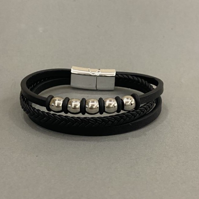 Men's bracelet with black eco-leather and metal inlays, 12mm thick, length 22 cm, silver-toned clasp