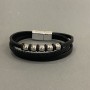 Men's bracelet with black eco-leather and metal inlays, 12mm thick, length 22 cm, silver-toned clasp