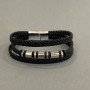 Men's bracelet made of eco-leather in black with metal accents, 12mm thick, length 22cm, with silver metal on the clasp