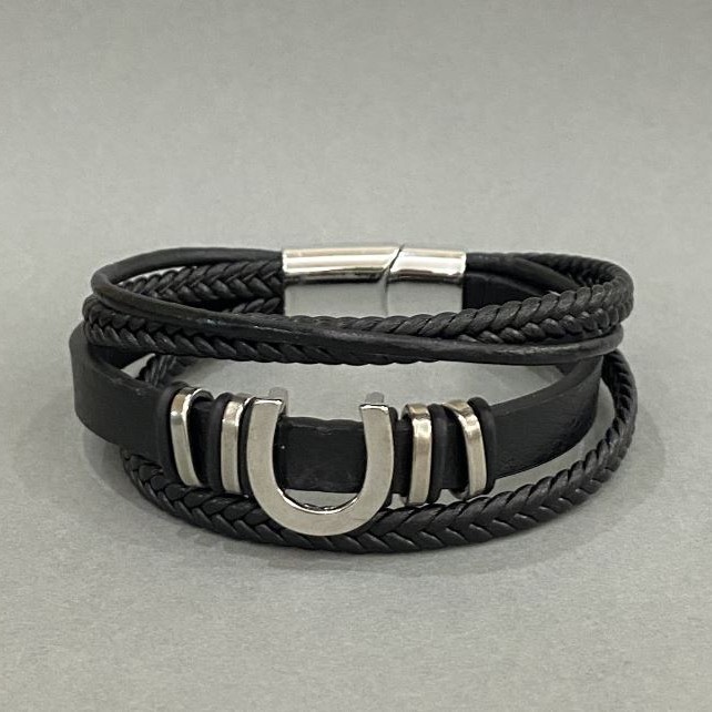 Men's bracelet with eco-leather in black with metal inlays, 12mm thick ±, length 22cm ±, silver metal on clasp