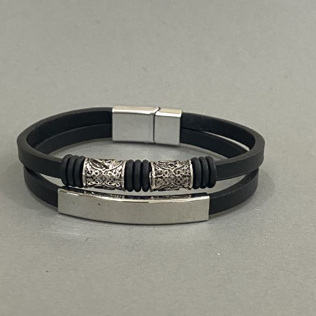 Men's bracelet made of black eco-leather with metal inserts, 12 mm thick, length 22 cm, silver-toned clasp