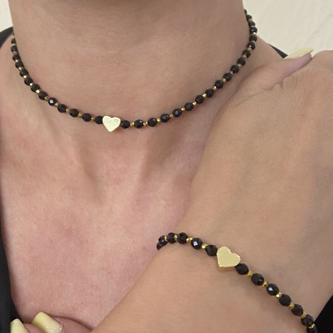  jewelry set "Heart" choker and bracelet with black agate and golden hematite, adjustable size