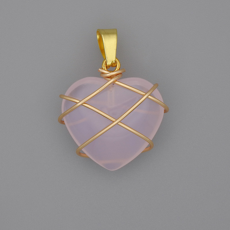 Pendant Heart in Weave Pink Quartz 21x21mm+-, diameter 30mm+-