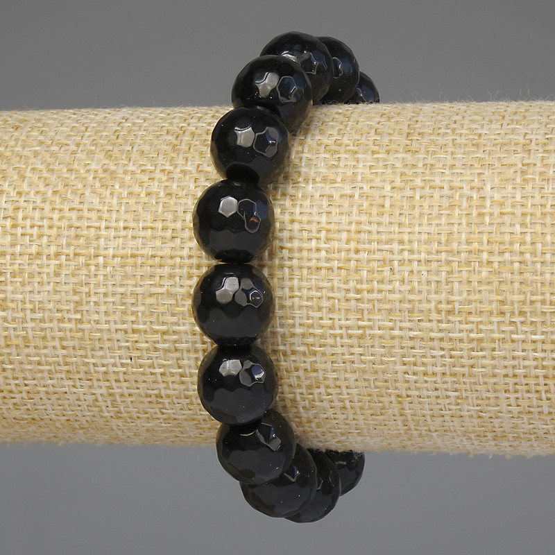 Bracelet, Black Agate, Faceted Round Beads 12mm, Stretch, 18cm