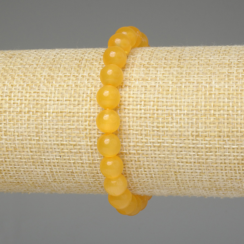 Bracelet Yellow Cat's Eye Smooth Round Beads 8mm +-, length 18cm+- stretch