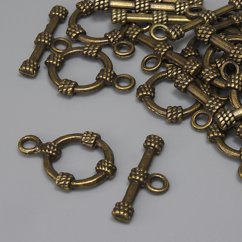 Toggle Clasp, diameter 19.5x3.5 mm, round hoop 14 mm, hole diameter 9 mm, bronze color, 11 pcs pack