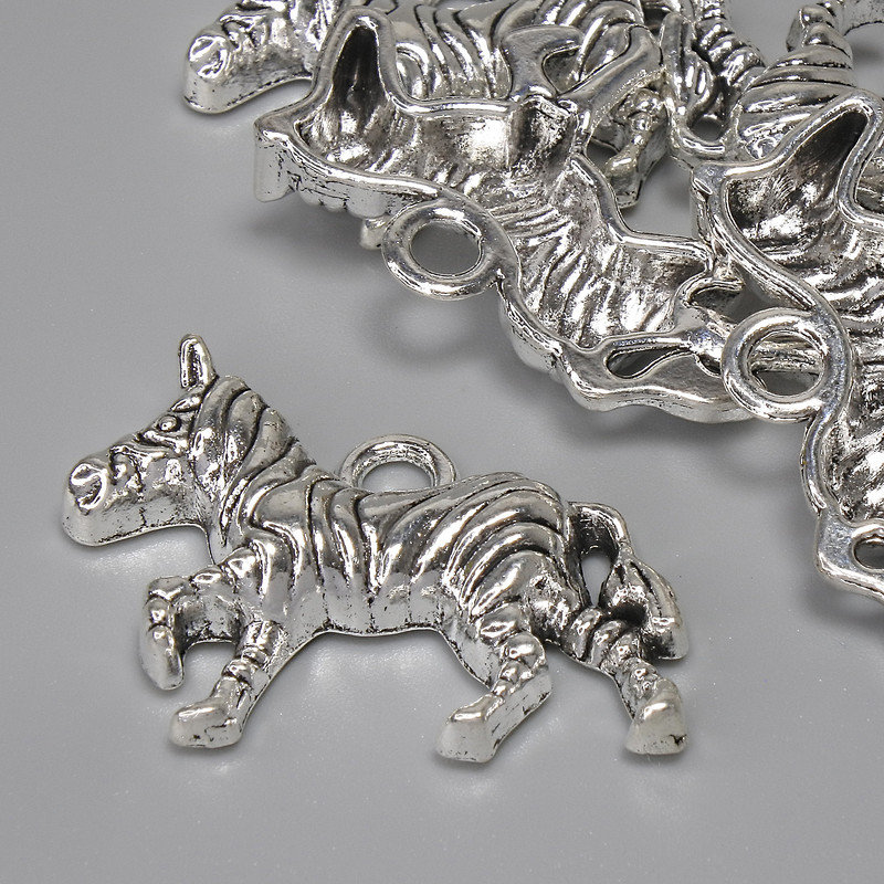 Pendant Charm Zebra color metal silver, diameter 27×21 mm± hole x 3.2 mm± packaging 5 pcs+