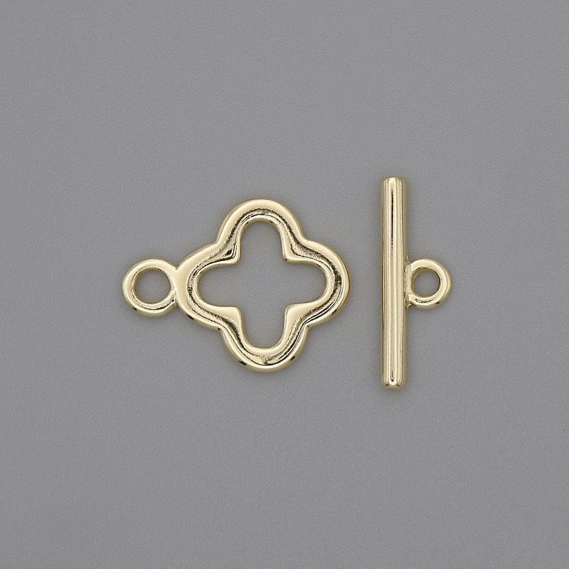 Toggle Clasp with Clover Shape, diameter 17x2 mm ±, Clover, diameter 14 mm ±, hole diameter 10 mm ±, gold-tone metal