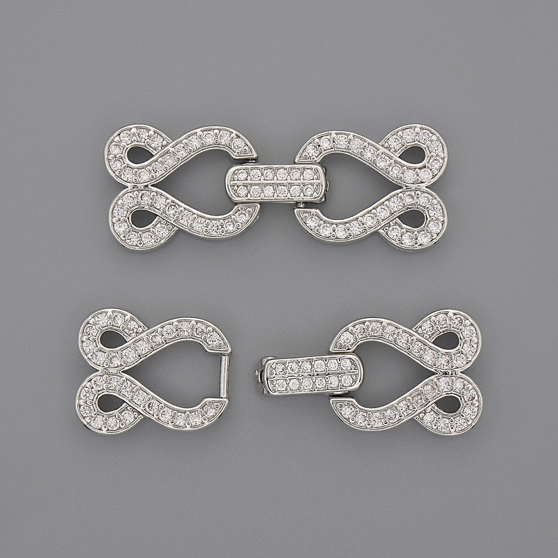 Clasp for 2 threads with white crystals, diameter 30x12mm ± silver color metal