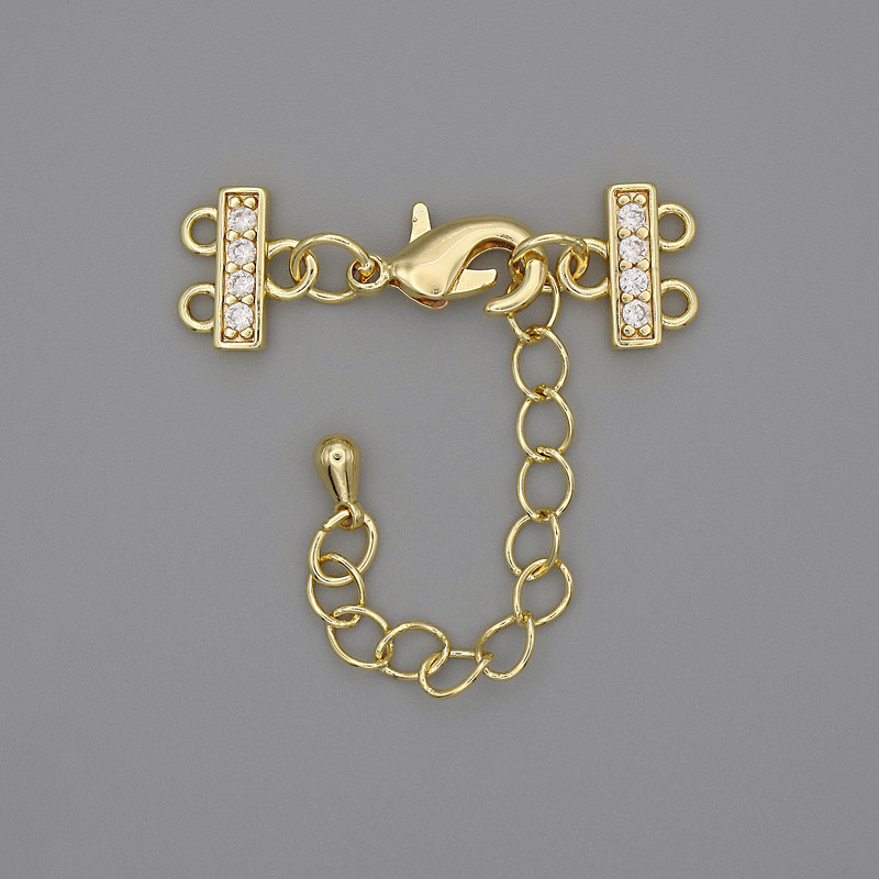 Lock for bracelets and beads for two cords with rhinestones and extension chain, golden metal, diameter 7x12mm±, length 3cm±