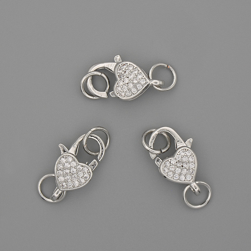 Clasp Hardware Lobster 15x10mm+- white rhinestones, silver metal