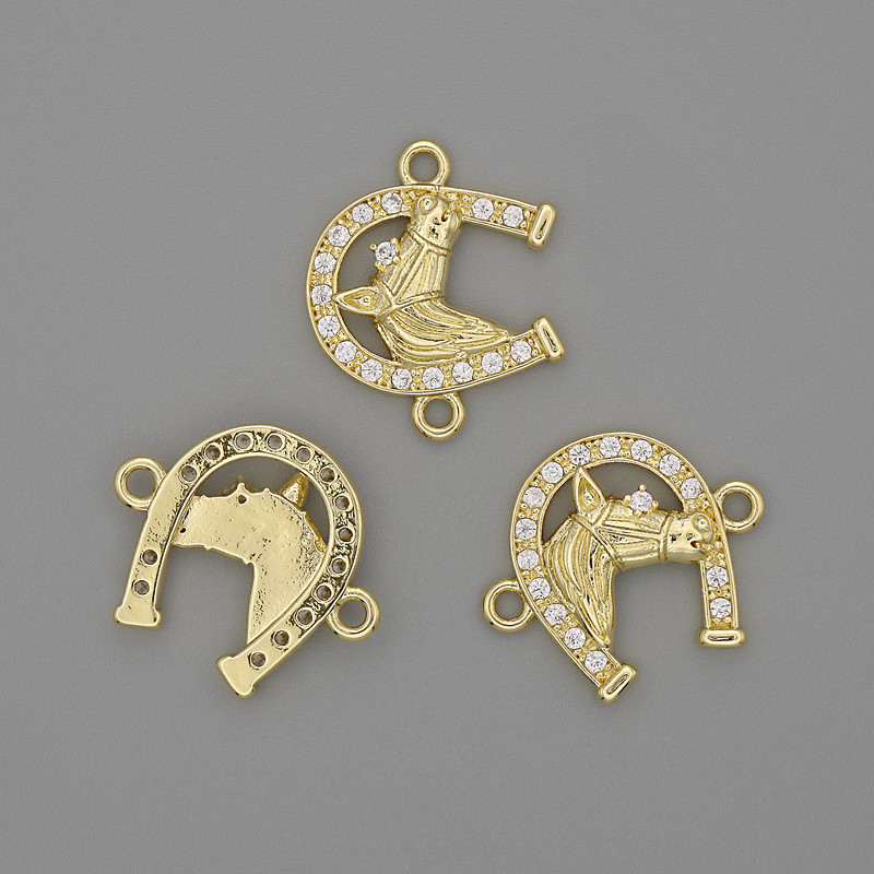 Connector Horseshoe with White Crystals on Gold-Toned Metal 14x17mm+