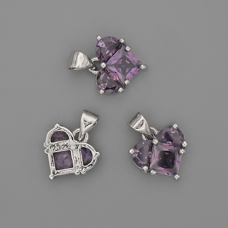 Heart Pendant with Purple Crystals 12x12mm ±, length 17mm ±, silver-tone metal