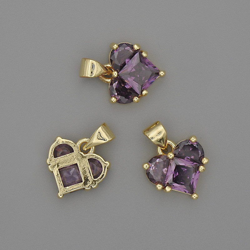 Pendant Heart with Purple Crystals 12x12mm±, length 17mm±, gold-tone metal