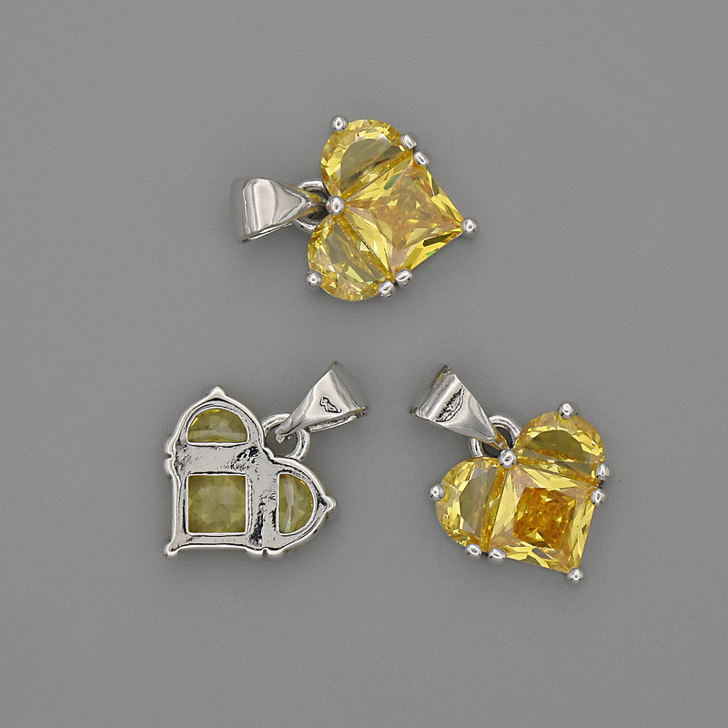 Pendant Heart with Yellow Crystals 12x12mm ±, length 17mm ±, silver metal