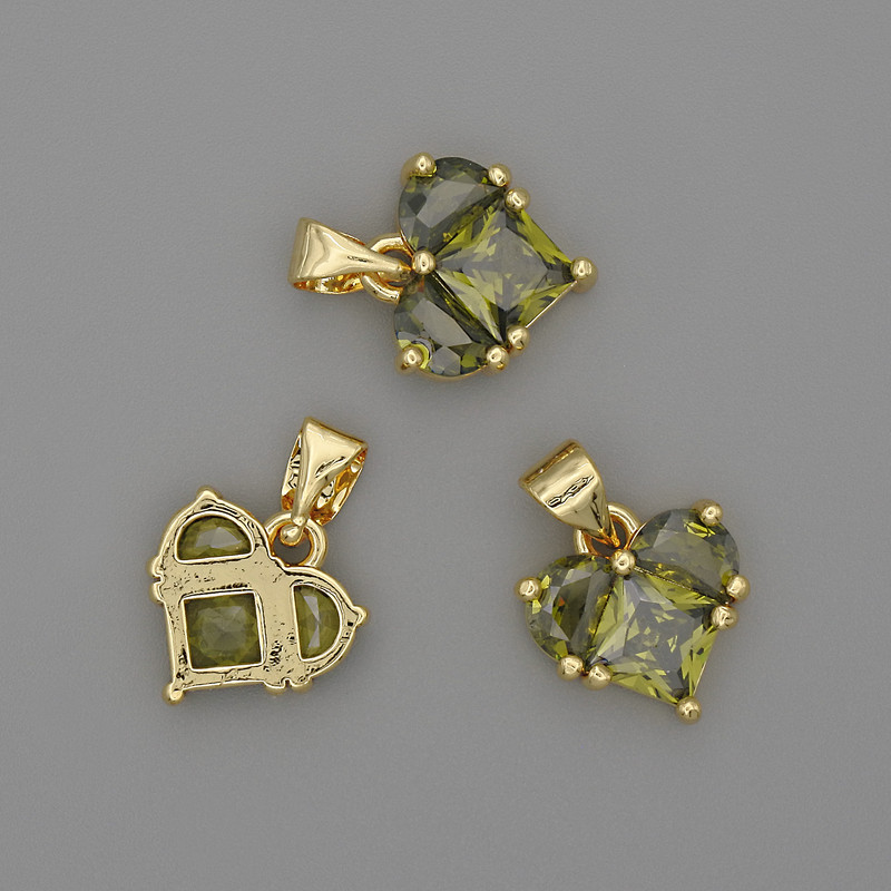 Heart Pendant with Green Crystals 12x12mm +-, length 17mm +-, gold-tone metal