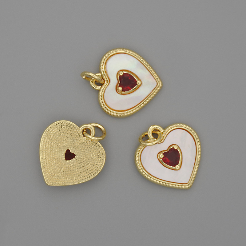 Pendant Mother of Pearl Heart 15x15mm+- red crystal, length 18mm+- gold-tone metal