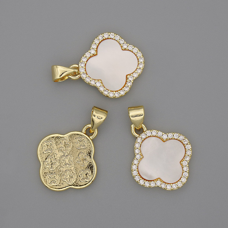 Pendant Mother-of-Pearl Clover White Crystals 15x15mm+-, length 22mm+-, golden metal