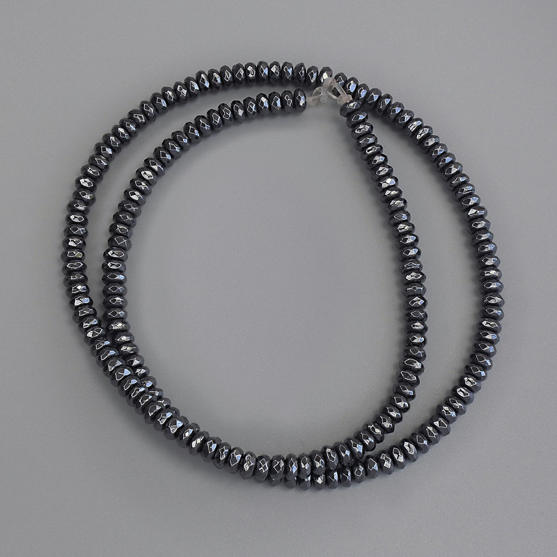 Hematite Beads Faceted Rondelle 4×2 mm ± on String, 39 cm length