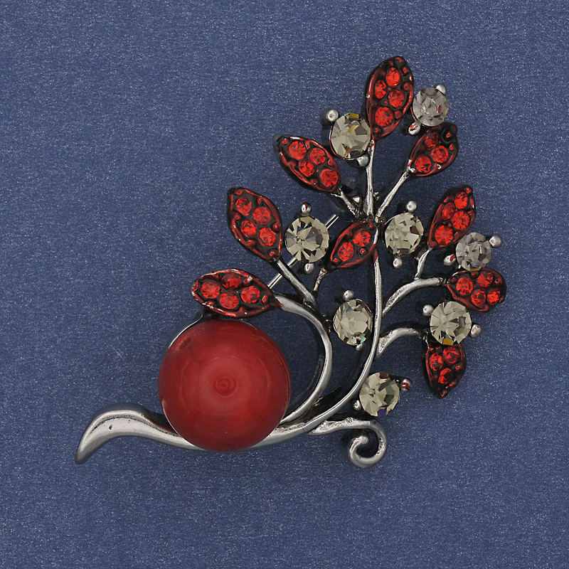 Brooch Twig Bead Coral Crystals Silver Metal 48x28mm